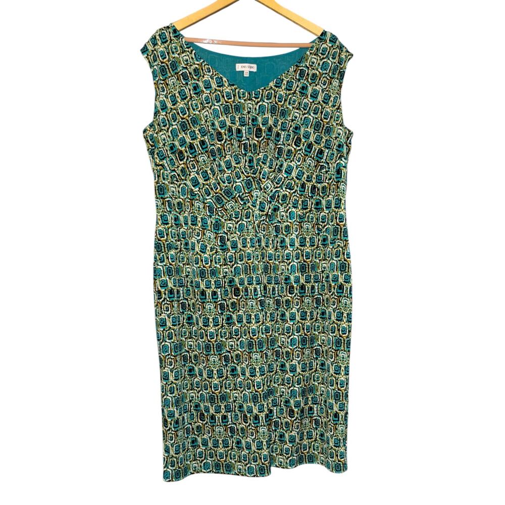 Jones Studio Green V-Neck Gathered‎ Front Geometric Midi Dress Womens 16W Retro